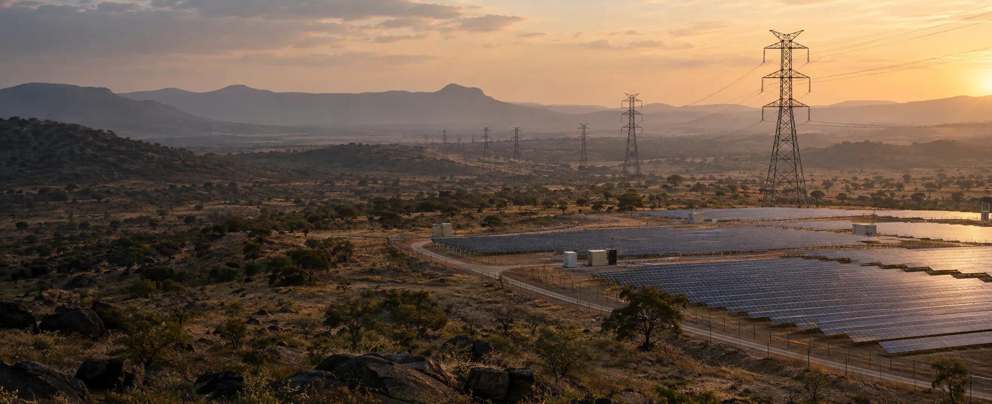 Illustrative energy and transmission infrastructure in an East African landscape