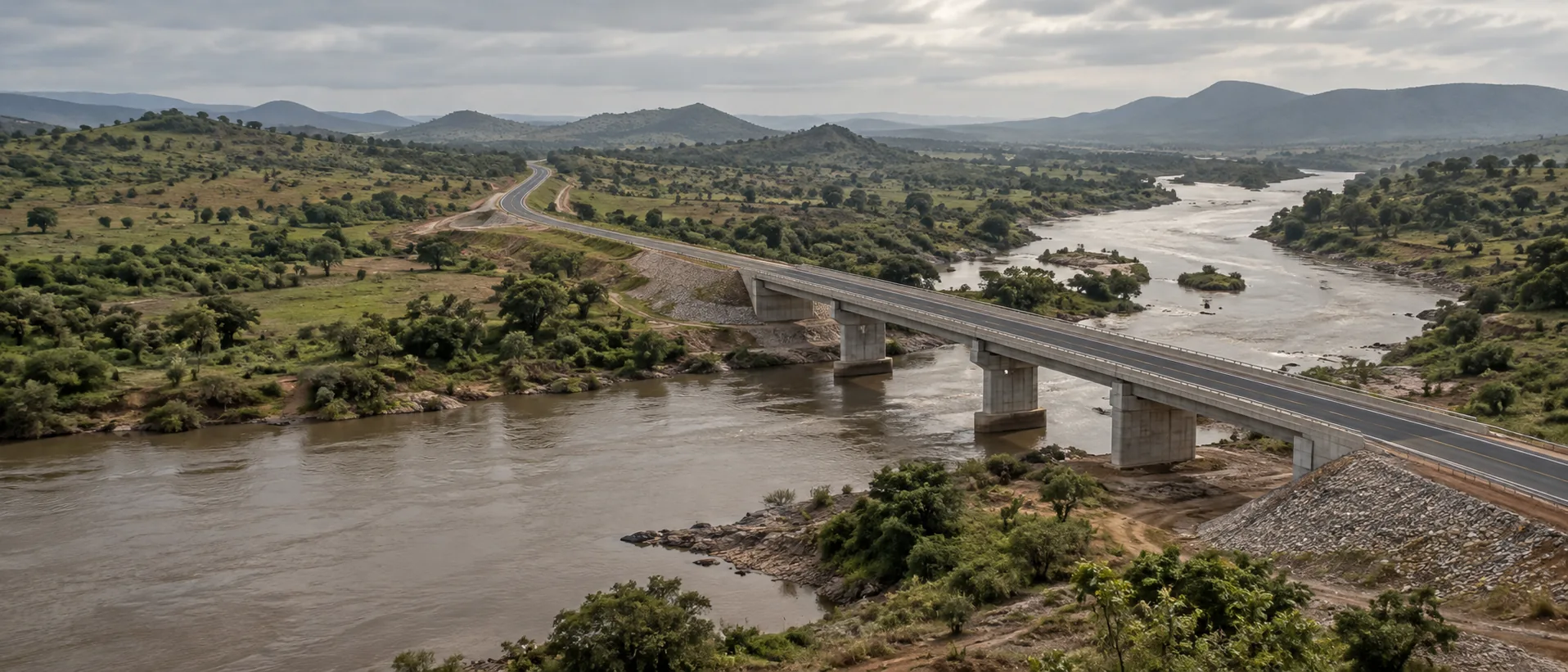 Illustrative bridge and transport corridor in an East African landscape